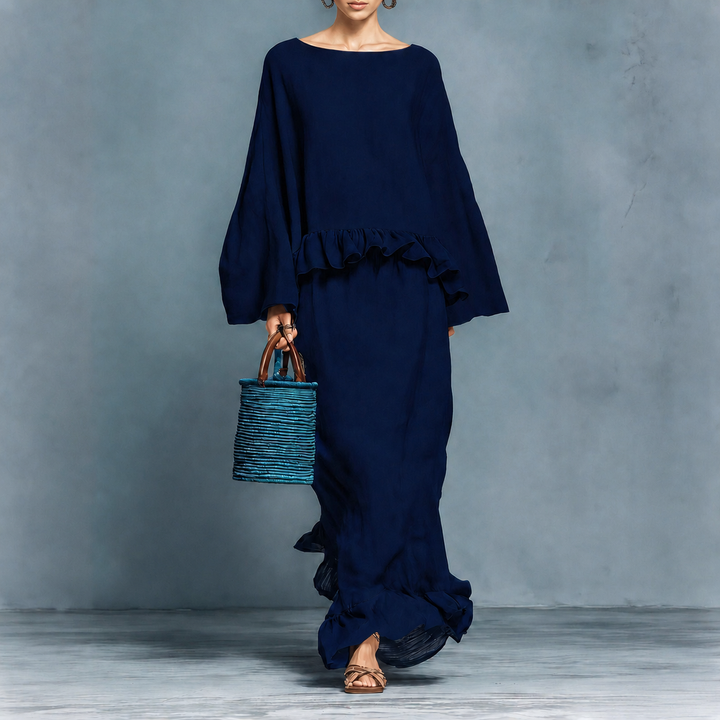 Valentina ruffle hem two-piece women's set by Bennett and Lowe, featuring a stylish top and matching skirt with ruffle details.