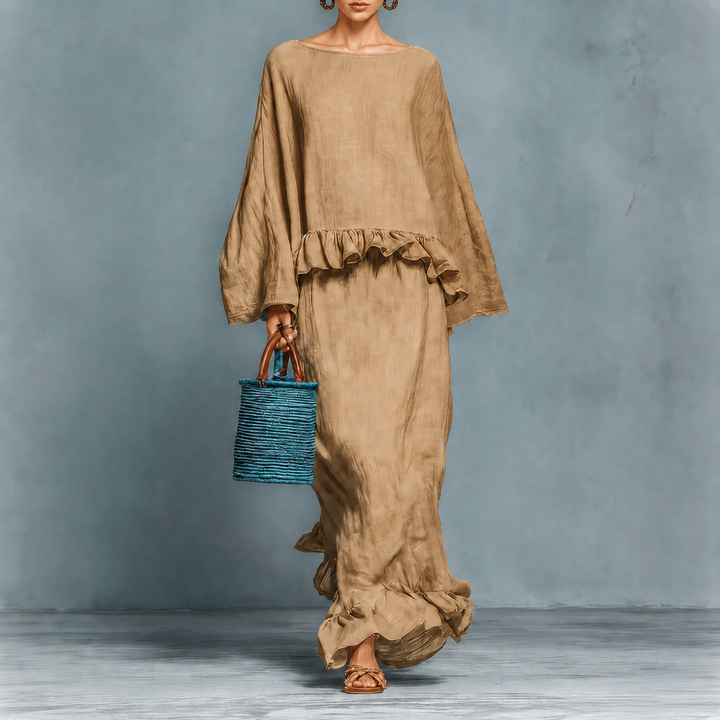 Valentina ruffle hem two-piece women's set by Bennett and Lowe, featuring a stylish top and matching skirt with feminine ruffle details.