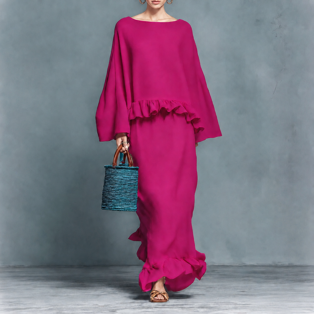 Valentina ruffle hem two-piece women's set by Bennett and Lowe, featuring a stylish top and matching skirt with ruffle details.