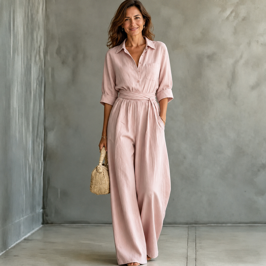 Bennett and Lowe Monroe wide-leg shirt jumpsuit in lightweight fabric, shown on a mannequin with buttons and collar detail