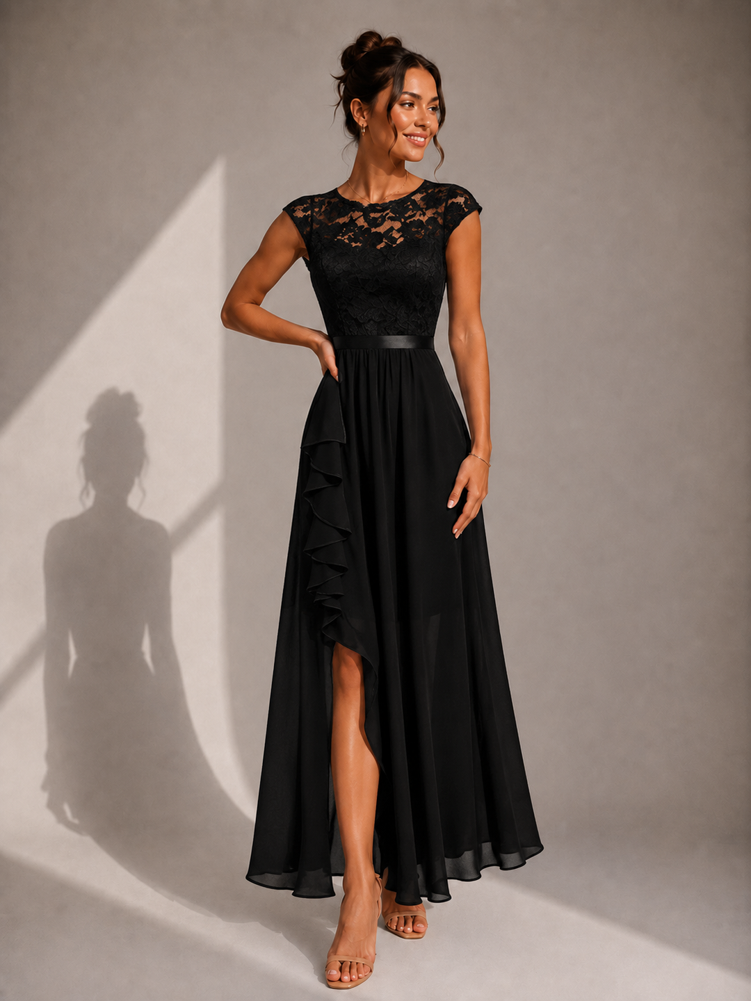 Rosalind lace bodice high-low maxi dress by Bennett and Lowe featuring elegant lace details and flowing fabric.
