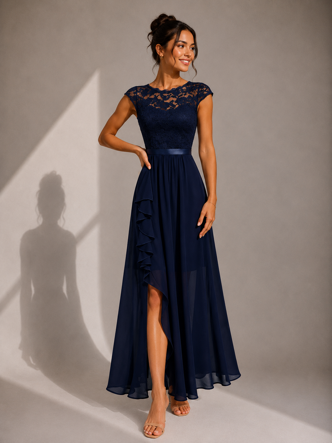 Elegant lace bodice high-low maxi dress by Bennett and Lowe, shown in a flowing design with intricate lace details.