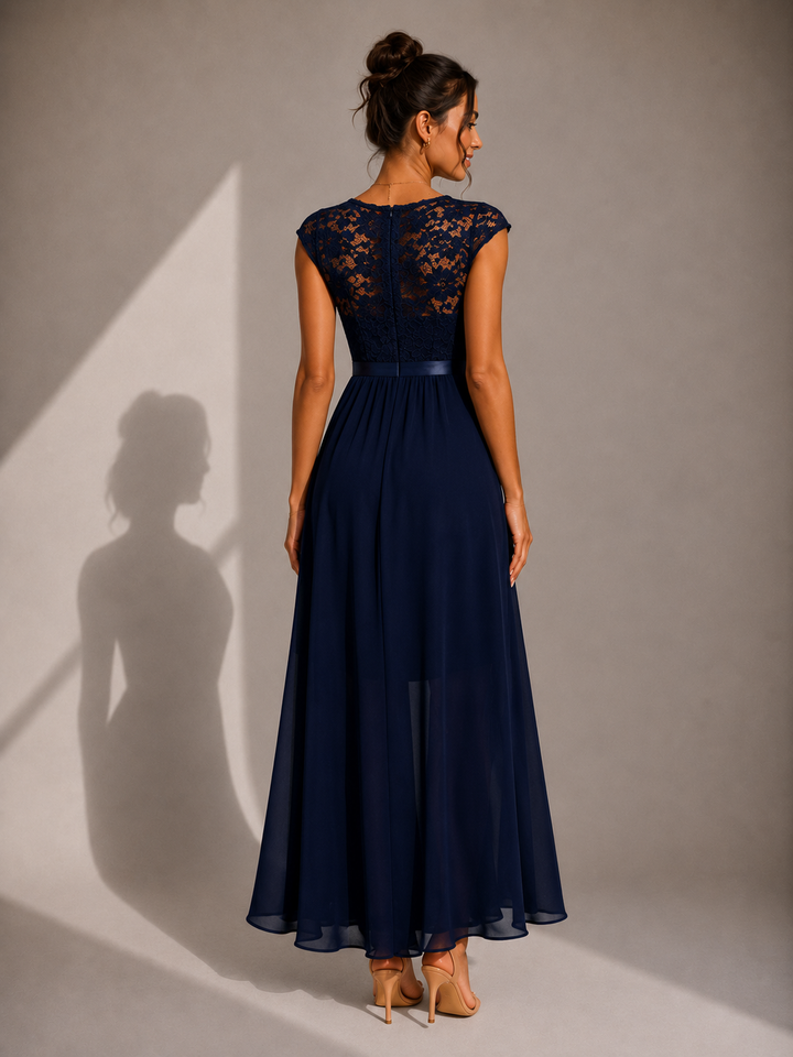 Rosalind lace bodice high-low maxi dress by Bennett and Lowe, featuring elegant lace details and flowing fabric.