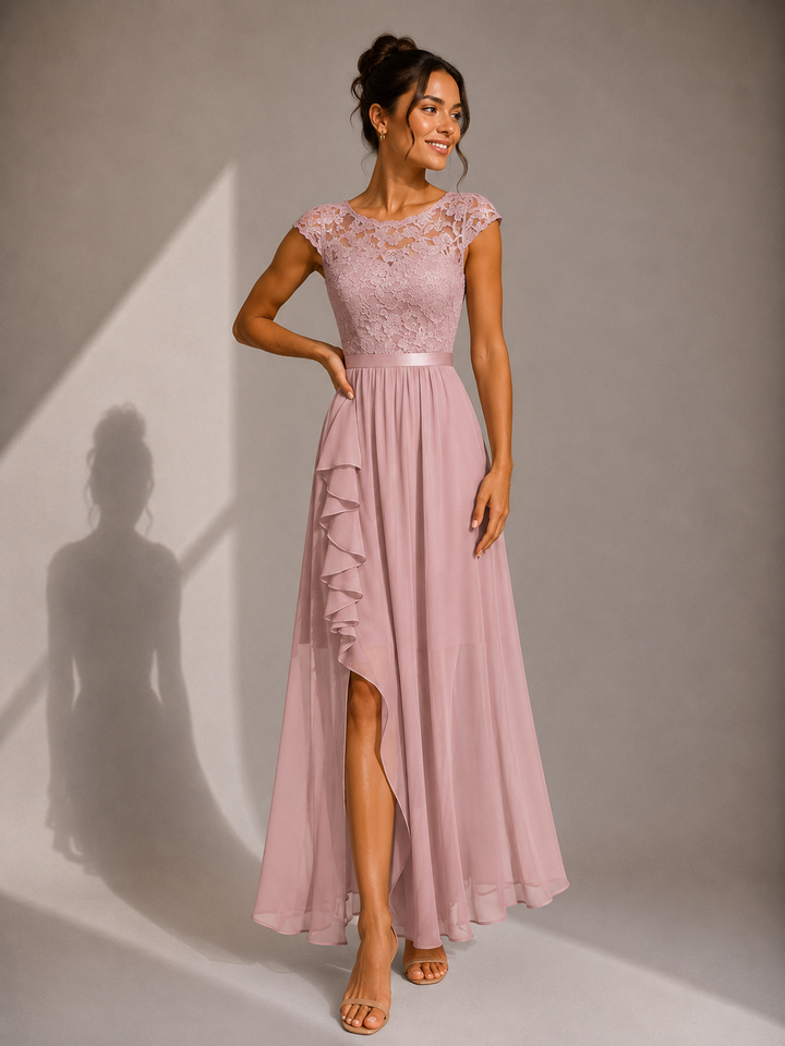 Rosalind lace bodice high-low maxi dress by Bennett and Lowe, featuring intricate lace details and flowing fabric.