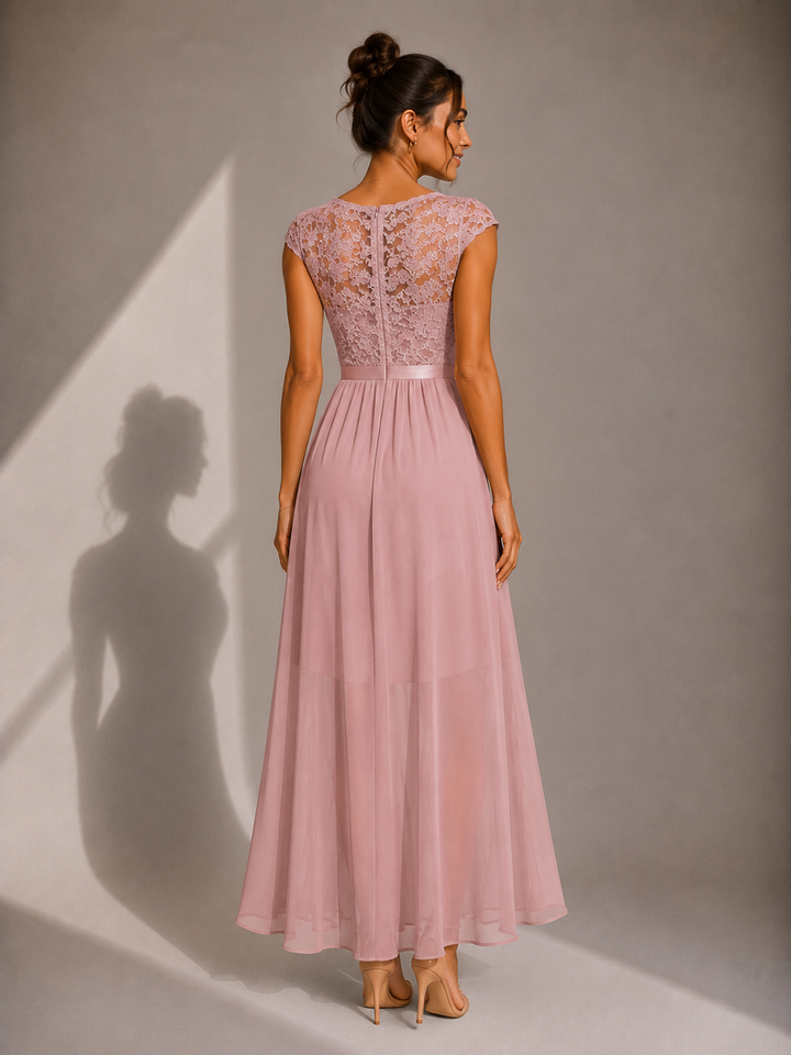Rosalind lace bodice high-low maxi dress by Bennett and Lowe, featuring elegant lace details and flowing fabric in a stylish design.