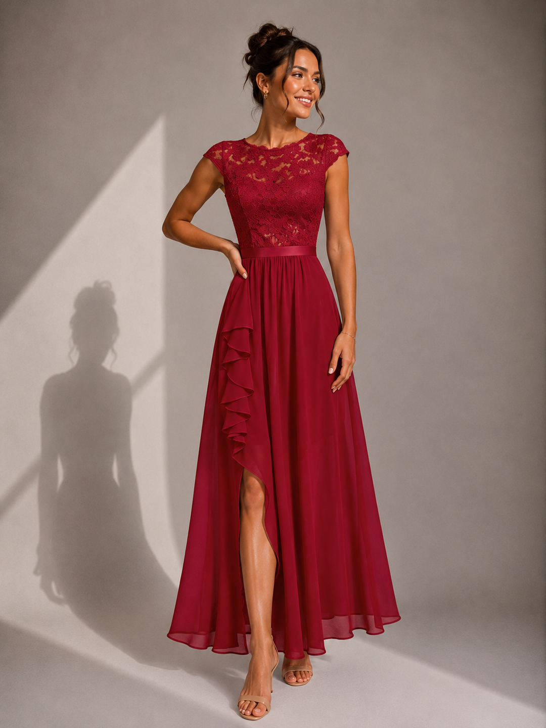Rosalind lace bodice high-low maxi dress by Bennett and Lowe, featuring elegant lace details and flowing fabric.