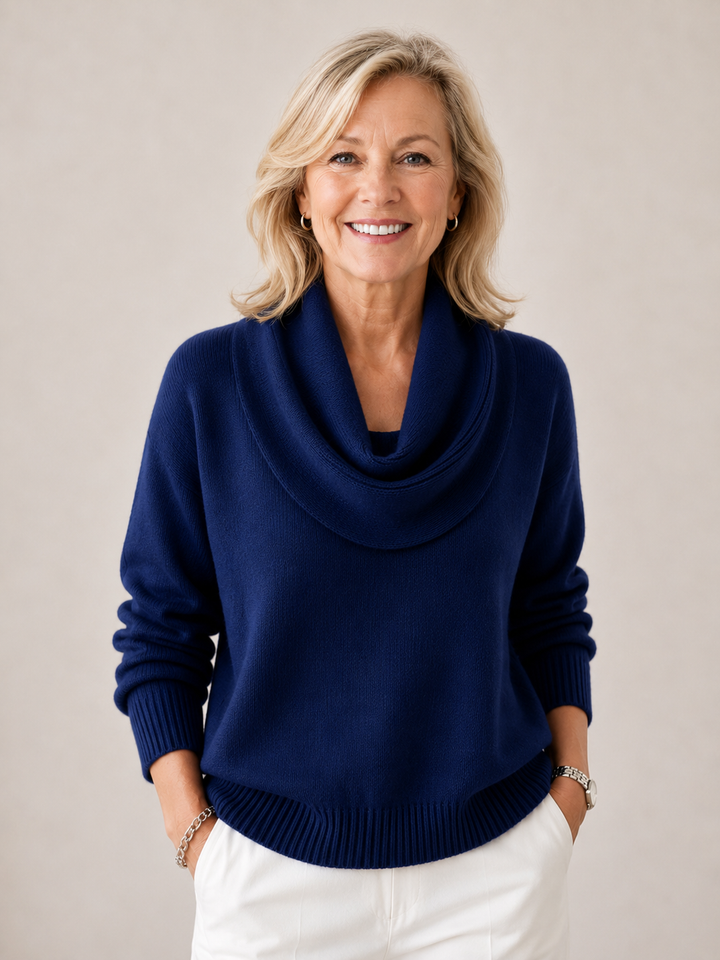 Soft cowl neck jumper by Bennett and Lowe, featuring cozy knit fabric and relaxed fit in a neutral color.