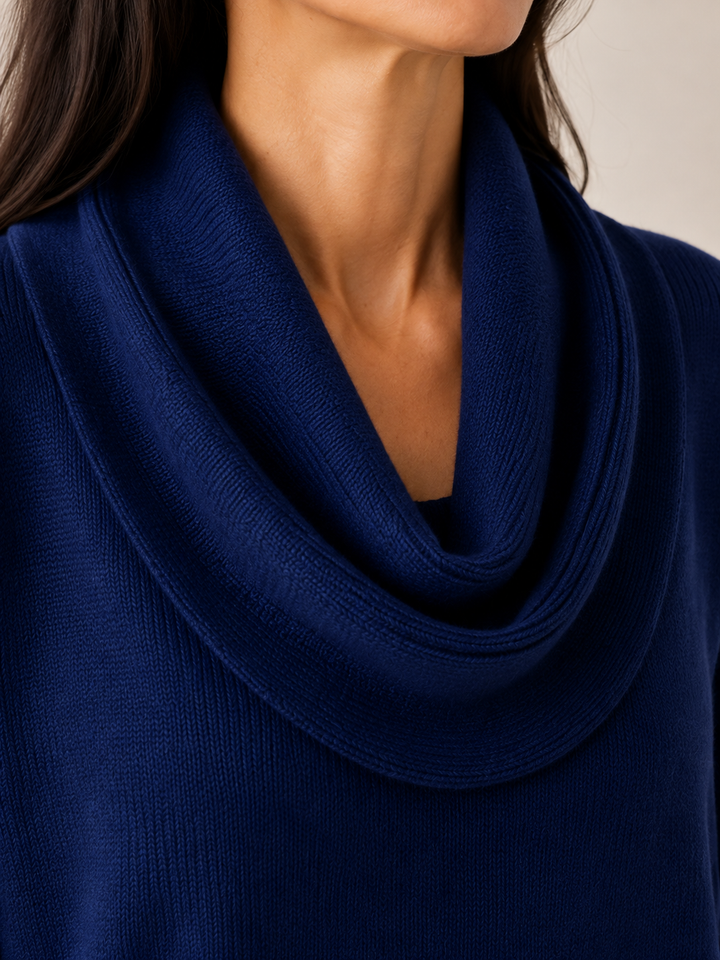 Soft Bennett and Lowe cowl neck jumper in cozy knit fabric, shown in a close-up of the relaxed neckline and textured material.