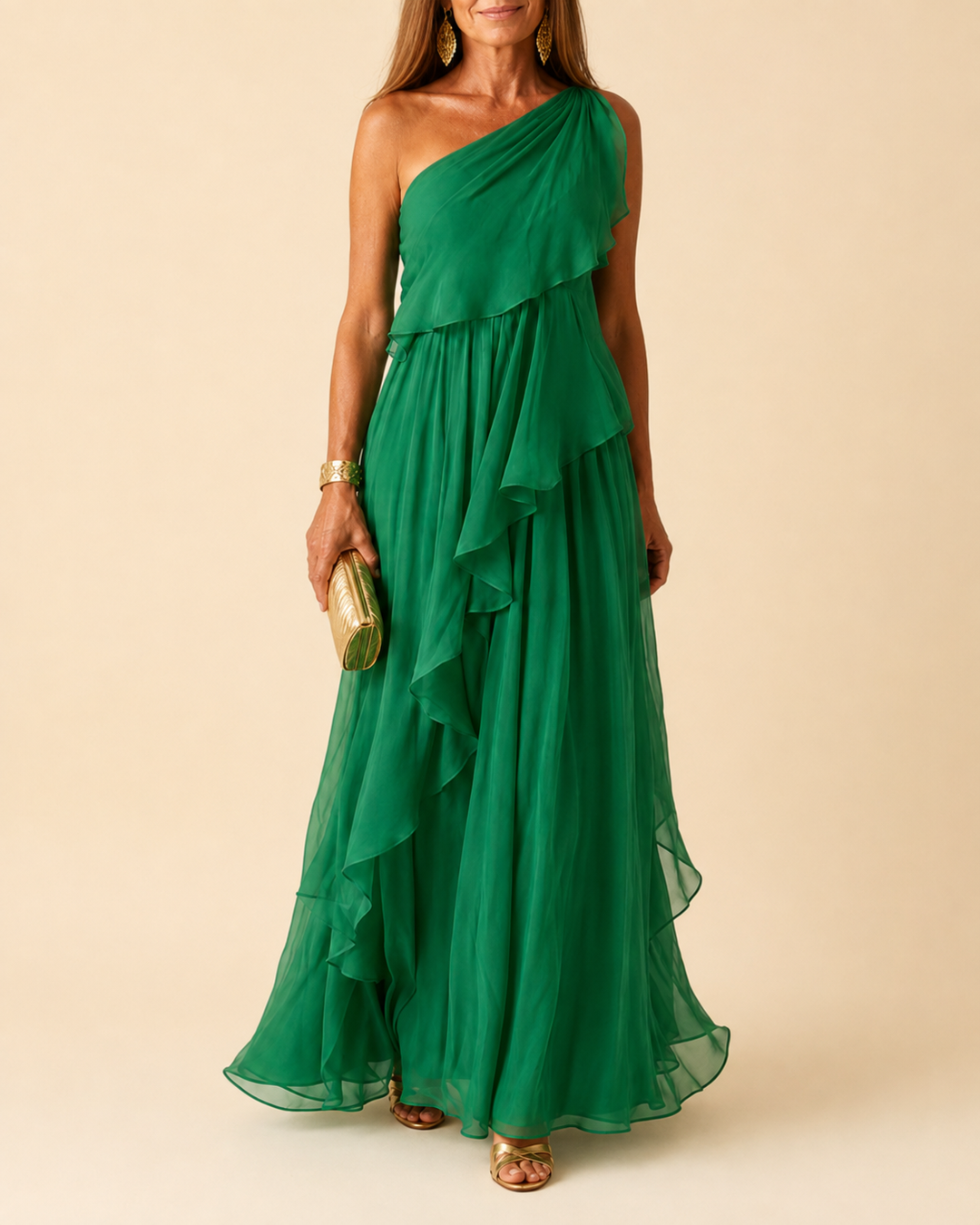 Ela cascading ruffle maxi dress by Bennett and Lowe, flowing fabric with layered ruffles, elegant full-length design.