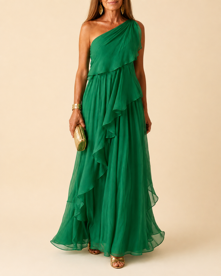 Ela cascading ruffle maxi dress by Bennett and Lowe, flowing fabric with layered ruffles, elegant full-length design.
