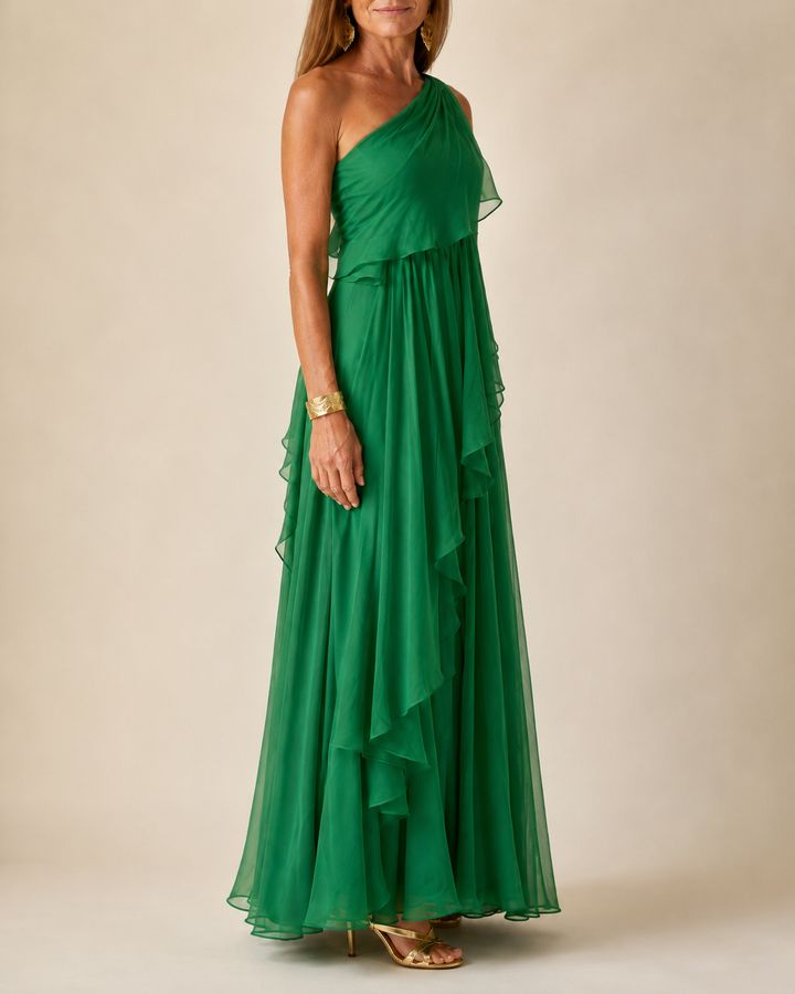 Ela cascading ruffle maxi dress by Bennett and Lowe, flowing fabric with layered ruffles, perfect for elegant summer occasions.