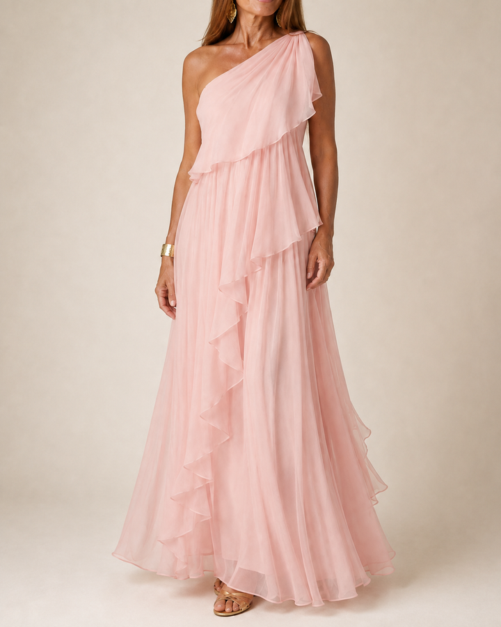 Ela cascading ruffle maxi dress by Bennett and Lowe, flowing fabric with layered ruffles and a elegant silhouette.