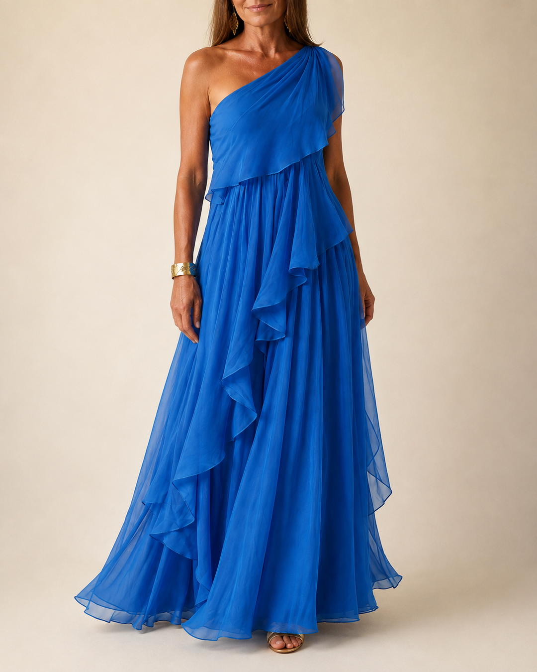 Ela cascading ruffle maxi dress by Bennett and Lowe, flowing fabric with layered ruffles, displayed on a model.
