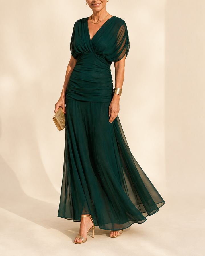 Seraphine Ruched Flutter Midi dress by Bennett and Lowe, elegant signature vestidos with ruched detailing and flowing flutter design.