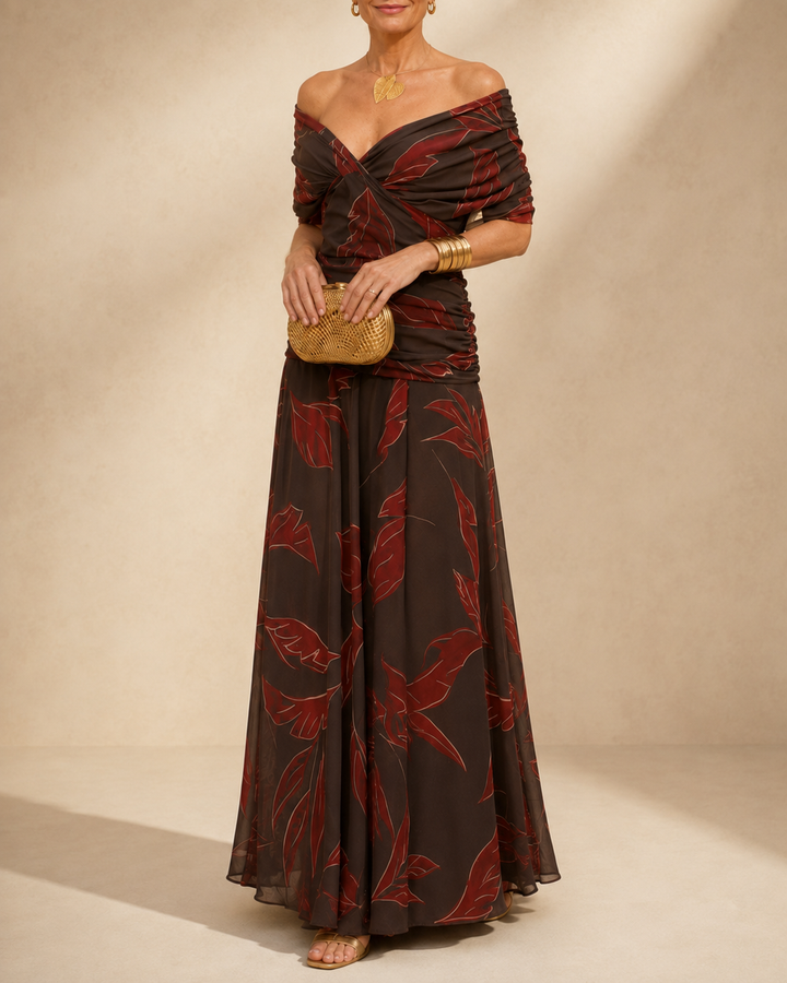 Seraphine ruched flutter midi dress from Bennett and Lowe, elegant signature vestidos with flowing fabric and delicate design.