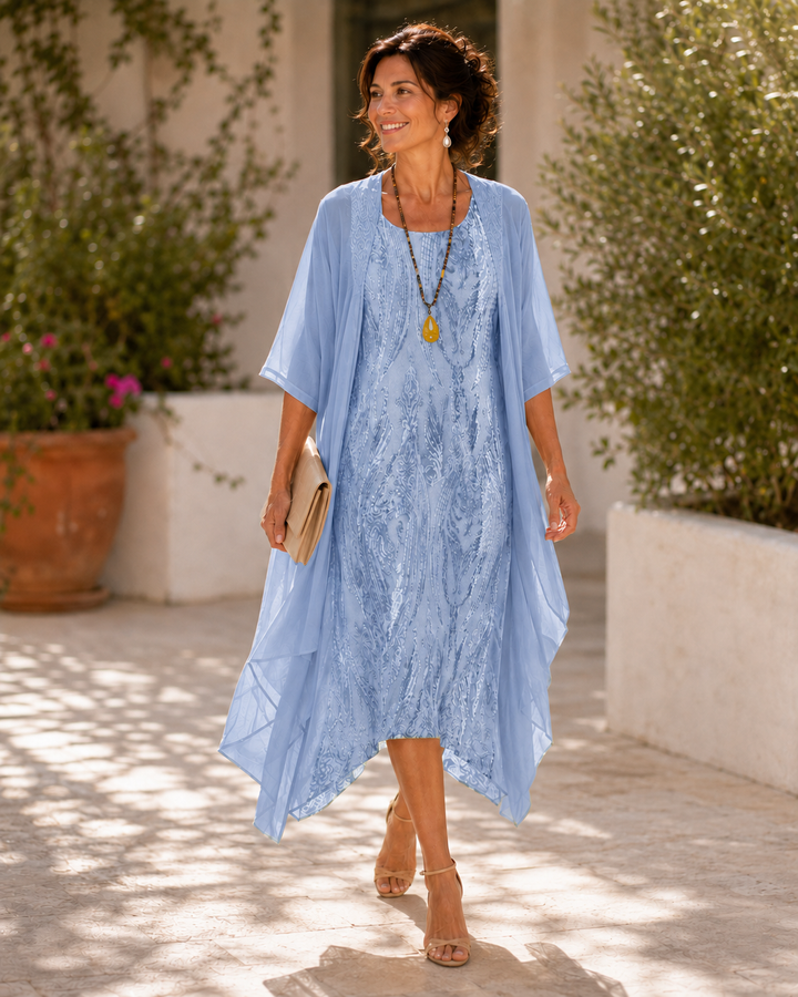 Layered Leonora dress set by Bennett and Lowe featuring pastel-colored fabric, stylish design, and elegant layered details.