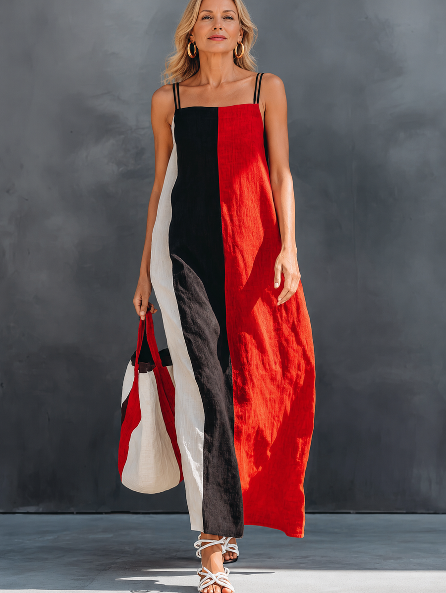 Helena | Color-Block Linen-Blend Maxi Dress