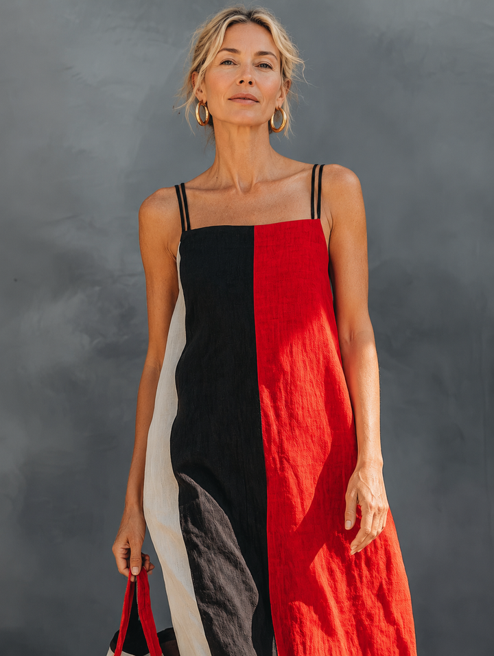 Helena color-block linen-blend maxi dress by Bennett and Lowe, flowing design with vibrant panels and sleeveless style.