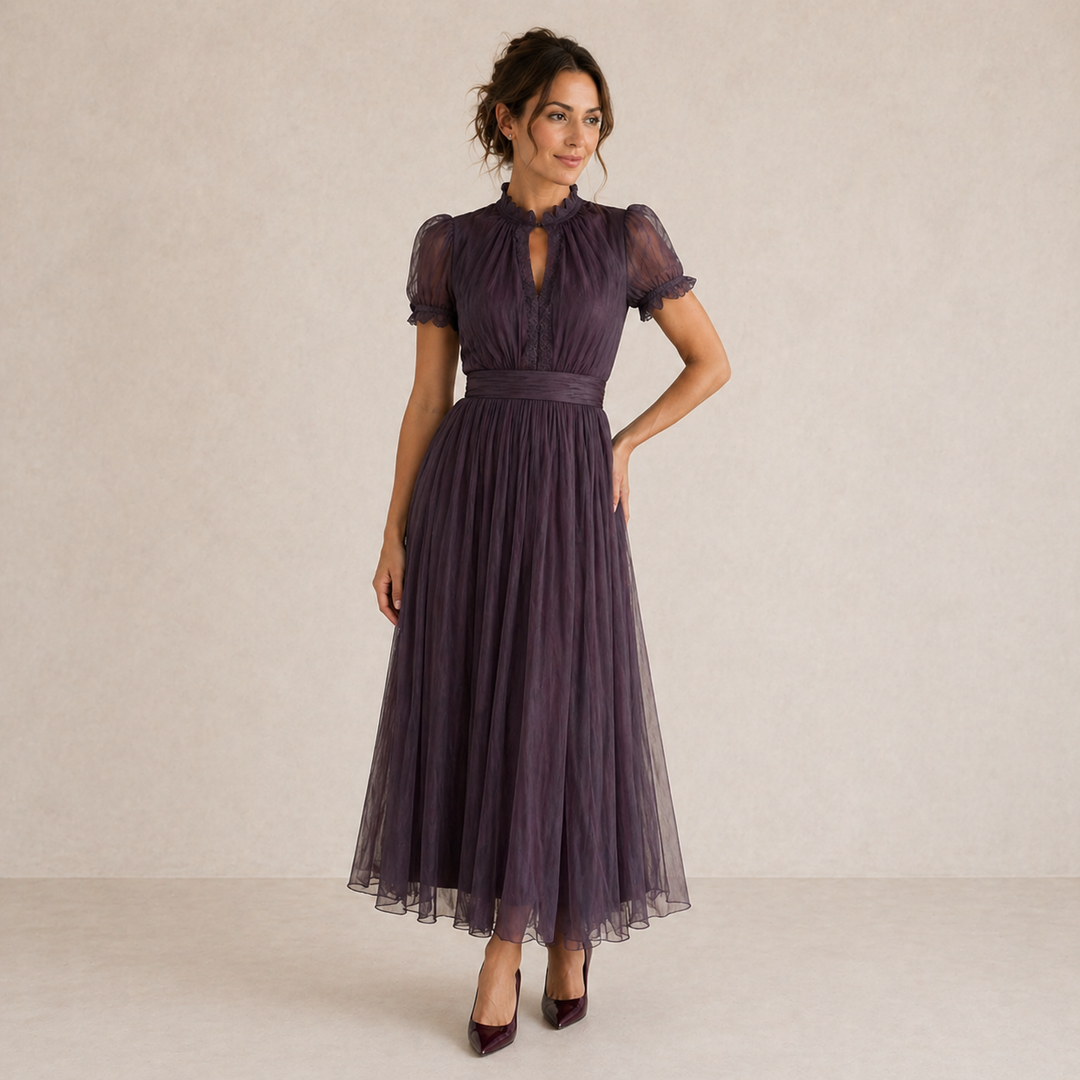 Brooke | Pleated Puff-Sleeve Midi Dress for Women