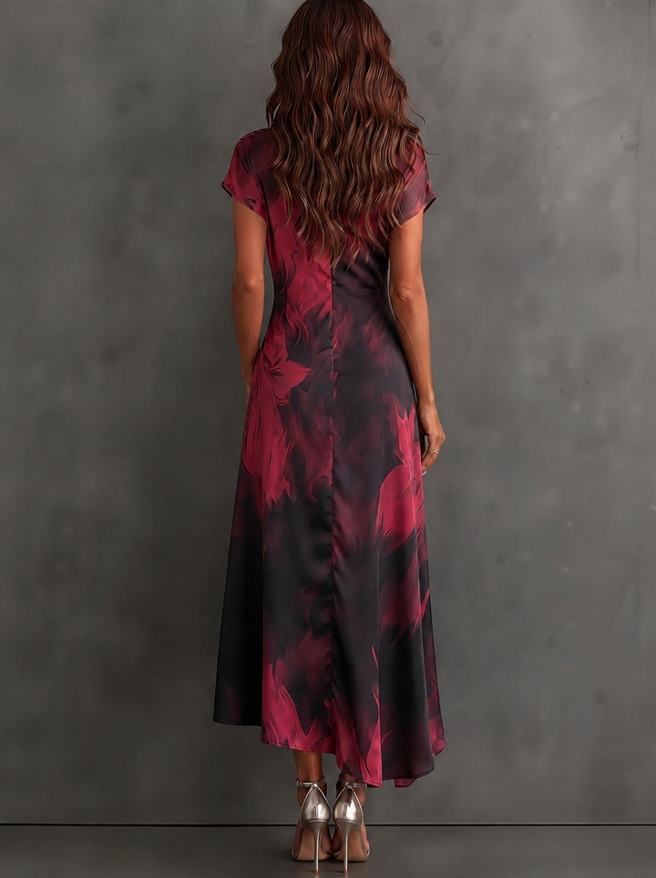Beatrice Bordeaux abstract print midi wrap dress by Bennett & Lowe, featuring a stylish midi length and elegant wrap design.