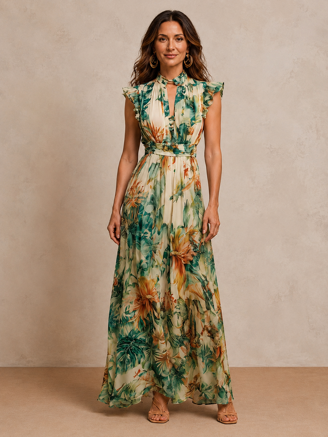 Elegant tropical chiffon dress from Bennett and Lowe's Grace collection, featuring vibrant painted floral patterns.