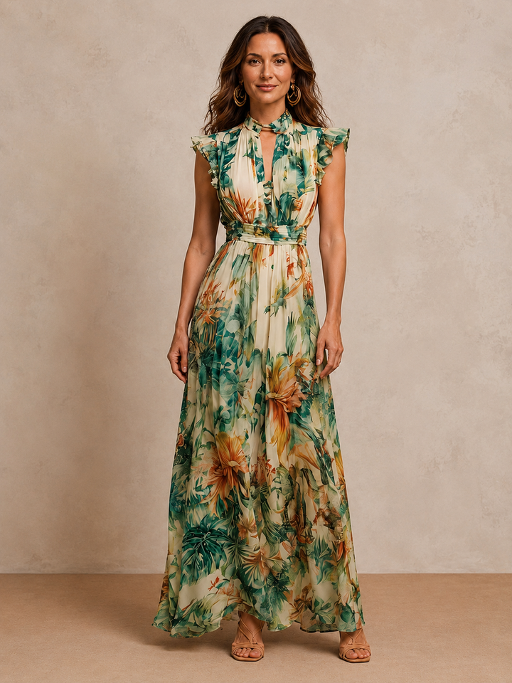 Elegant tropical chiffon dress from Bennett and Lowe's Grace collection, featuring vibrant painted floral patterns.