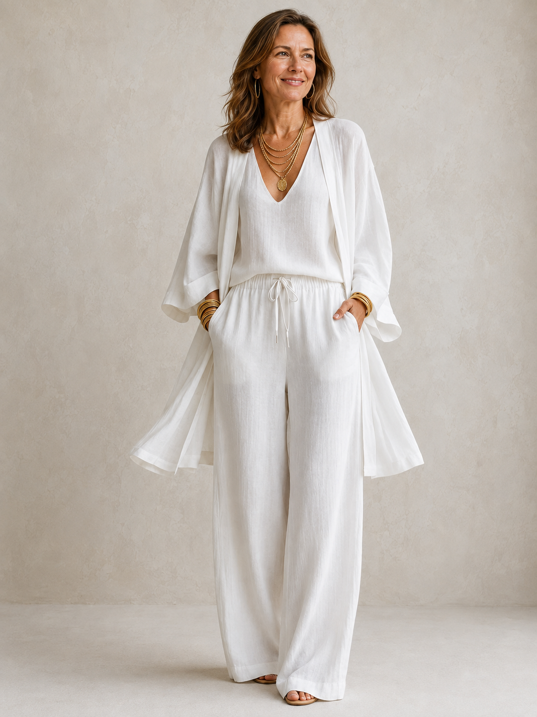 Elena linen look three-piece set by Bennett and Lowe, includes a top, pants, and a matching jacket in neutral fabric.
