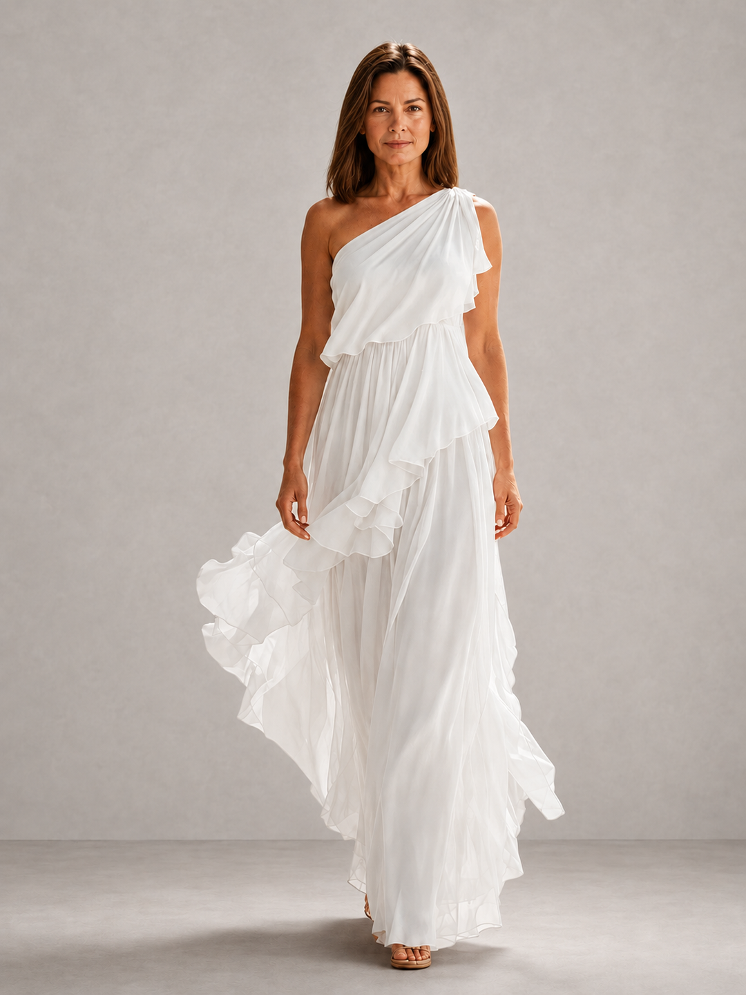 Scarlett Bennett and Lowe one-shoulder ruffle maxi dress featuring flowing fabric and elegant design, perfect for formal occasions.