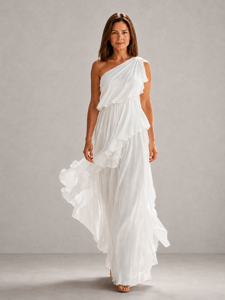 Scarlett Bennett and Lowe one-shoulder ruffle maxi dress featuring flowing fabric and elegant design, perfect for formal occasions.