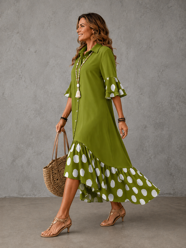 Beatrice polka dot lapel dress by Bennett and Lowe featuring a stylish fitted silhouette and classic polka dot pattern.
