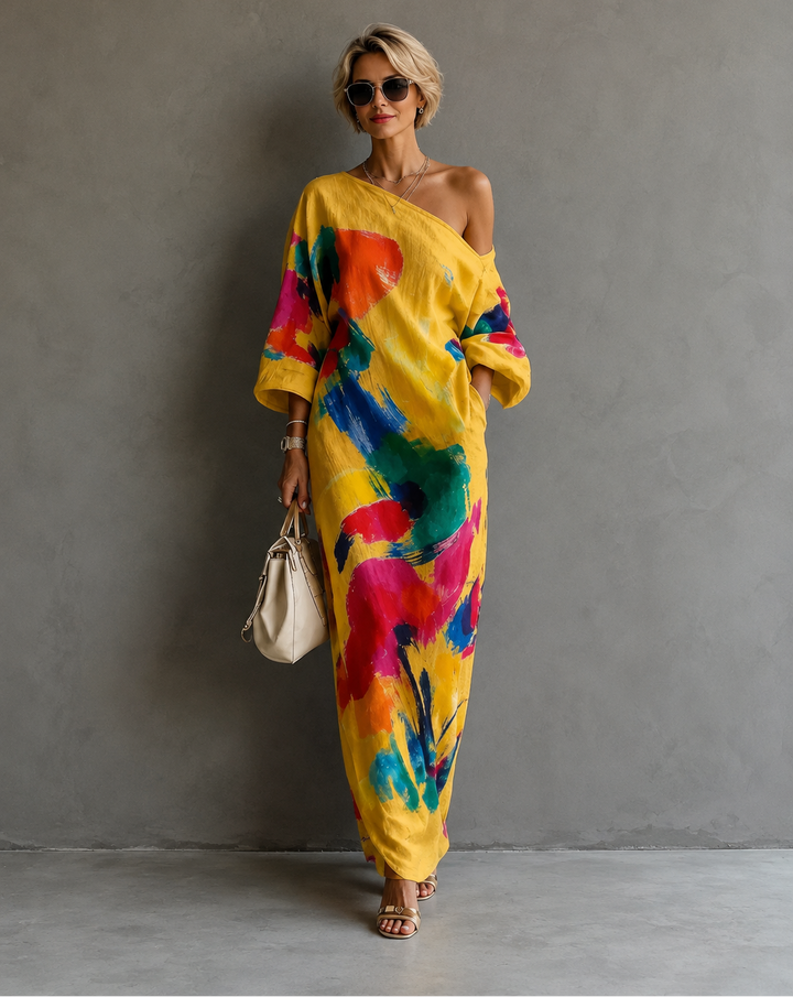 Bennett and Lowe Adeline abstract print maxi dress featuring a flowing silhouette and vibrant, artistic pattern.