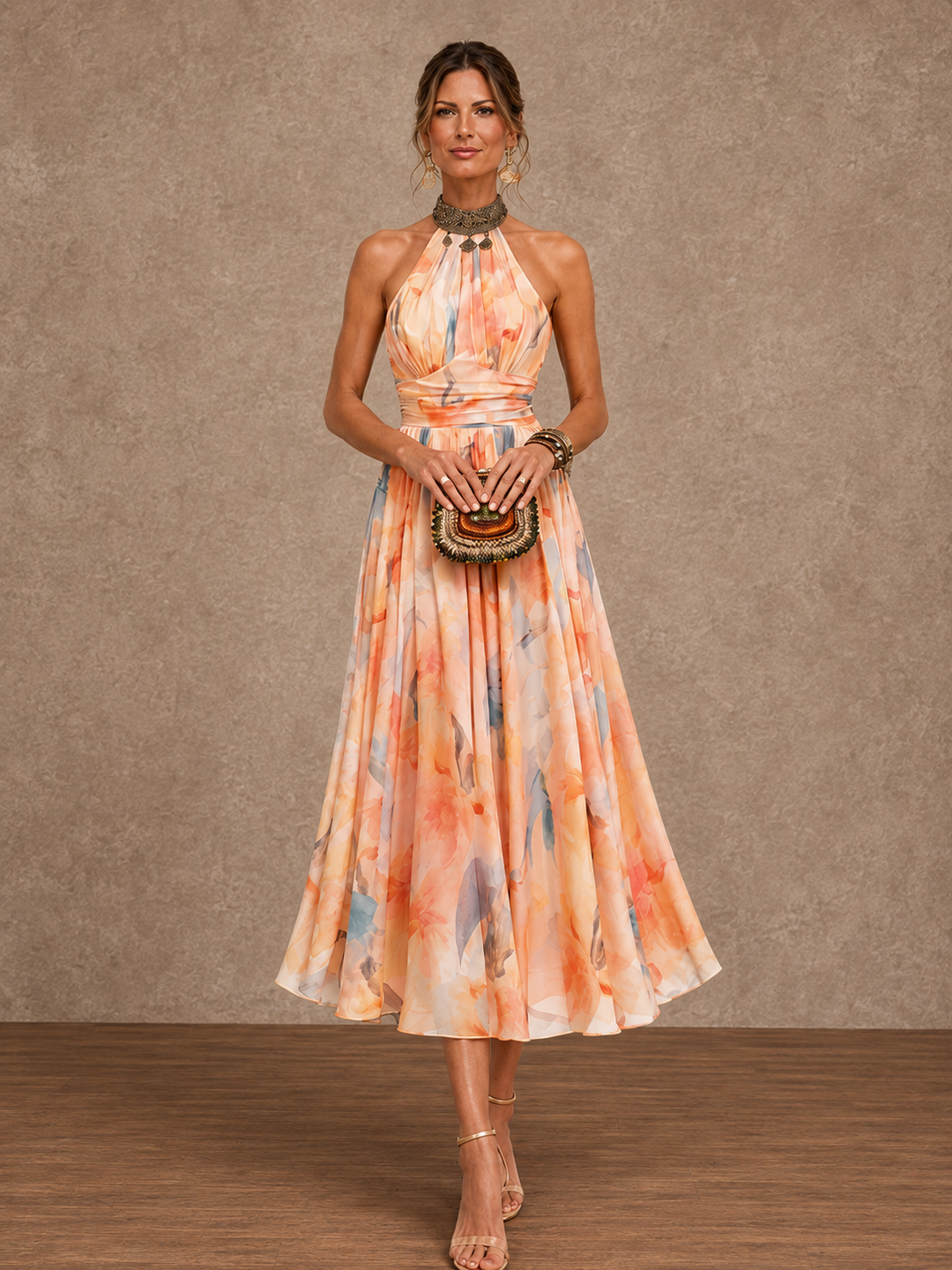 Lily Bennett and Lowe halter maxi dress with watercolor print, flowing fabric, and elegant design perfect for summer events.