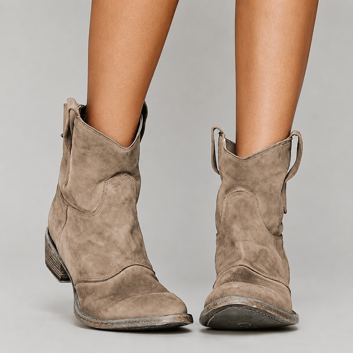 Bennett and Lowe Charlotte comfort suede ankle boots with low heel and rounded toe, stylish for casual and dressy outfits.
