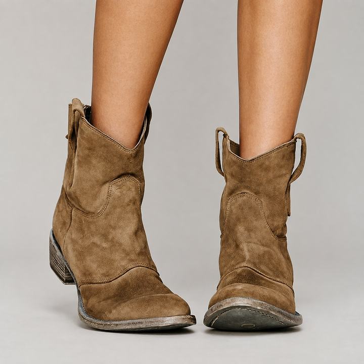 Bennett and Lowe Charlotte comfort suede ankle boots with low heel and sleek design, shown in tan on a white background.