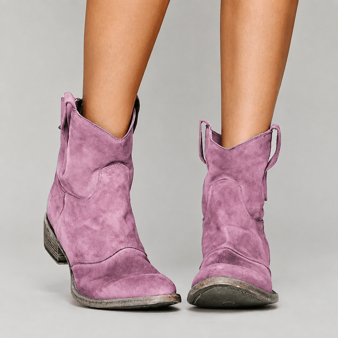 Charlotte Bennett and Lowe comfort suede ankle boots with low heel and stylish design, perfect for casual and dressy wear.