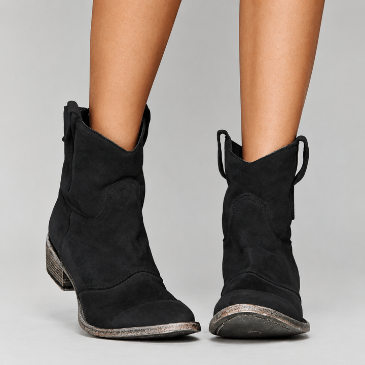 Charlotte Bennett and Lowe comfort suede ankle boots with a rounded toe and low heel, displayed on a neutral background.