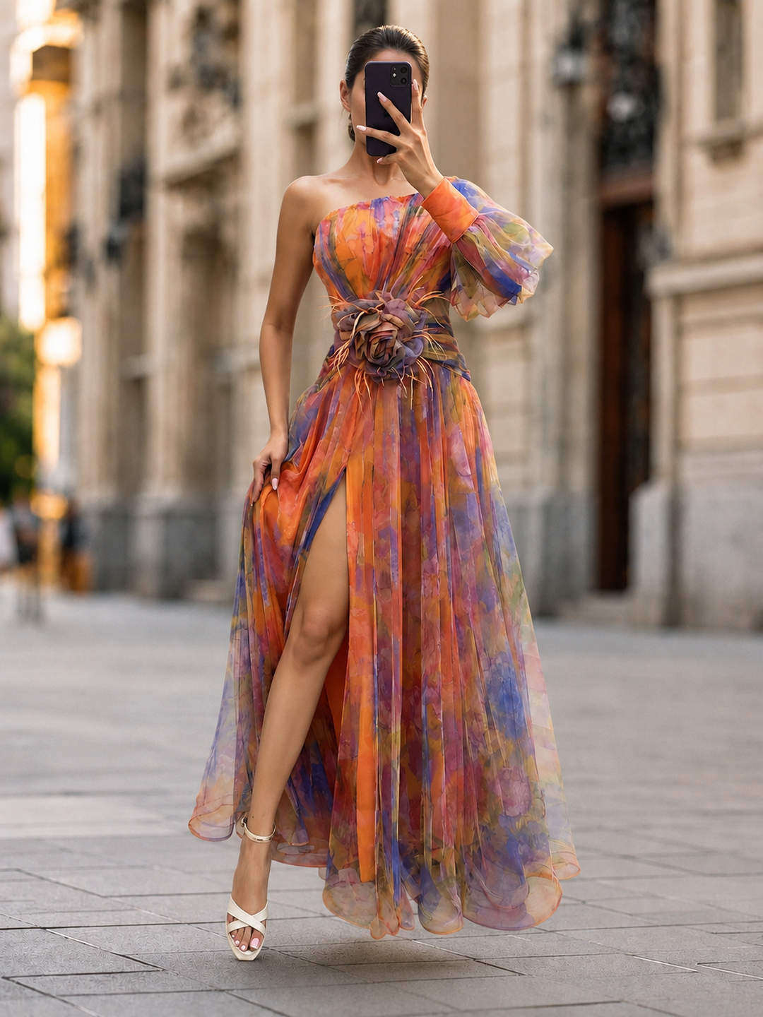 Danyzhel watercolor print maxi dress by Bennett and Lowe featuring a draped silhouette and vibrant watercolor pattern.