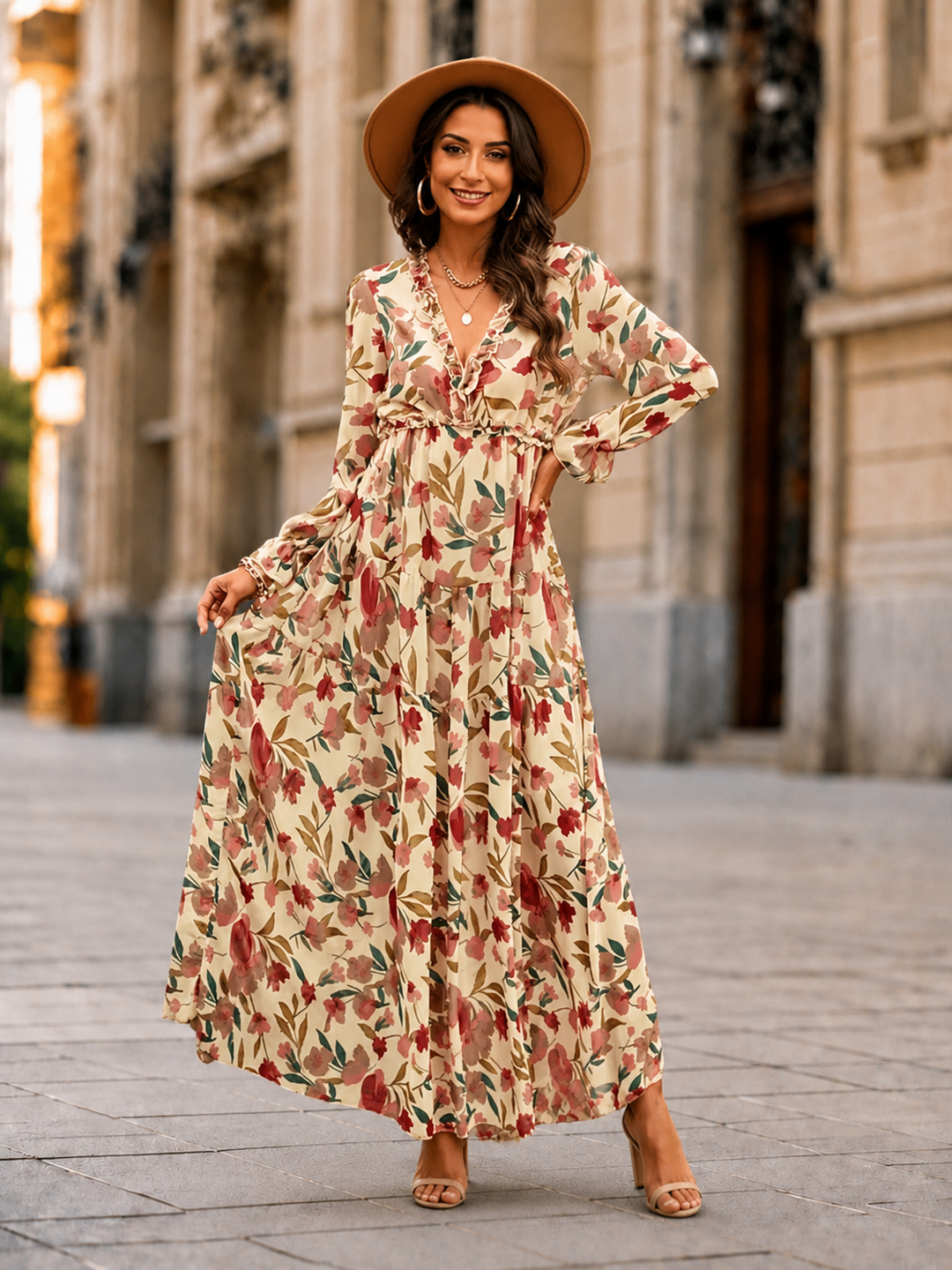 Floral pleated maxi dress by Bennett and Lowe, featuring a flowing silhouette and vibrant floral pattern, perfect for summer occasions.