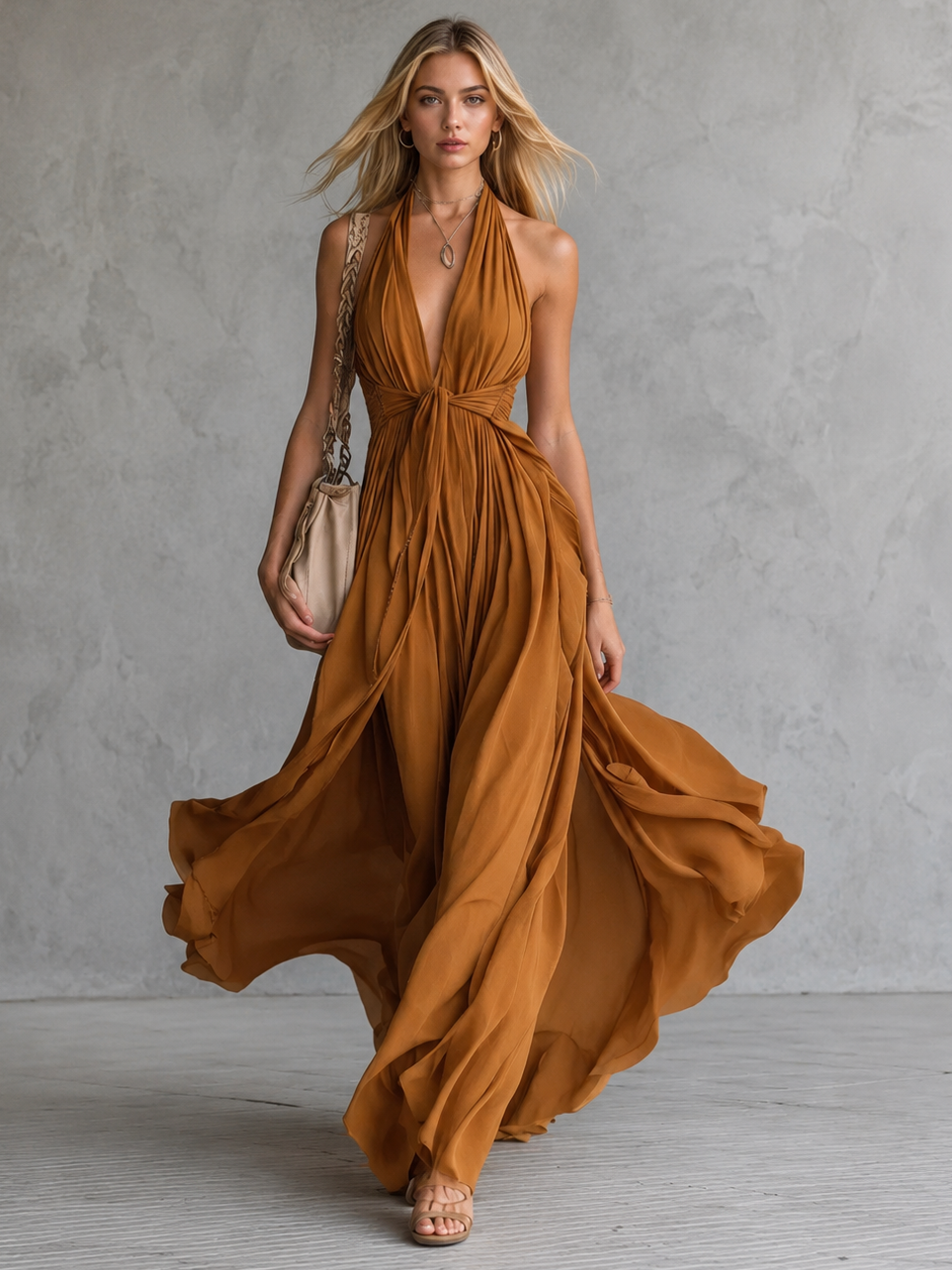 Vera deep V-neck patchwork maxi dress by Bennett and Lowe, flowing fabric with stylish patchwork design, full-length gown.