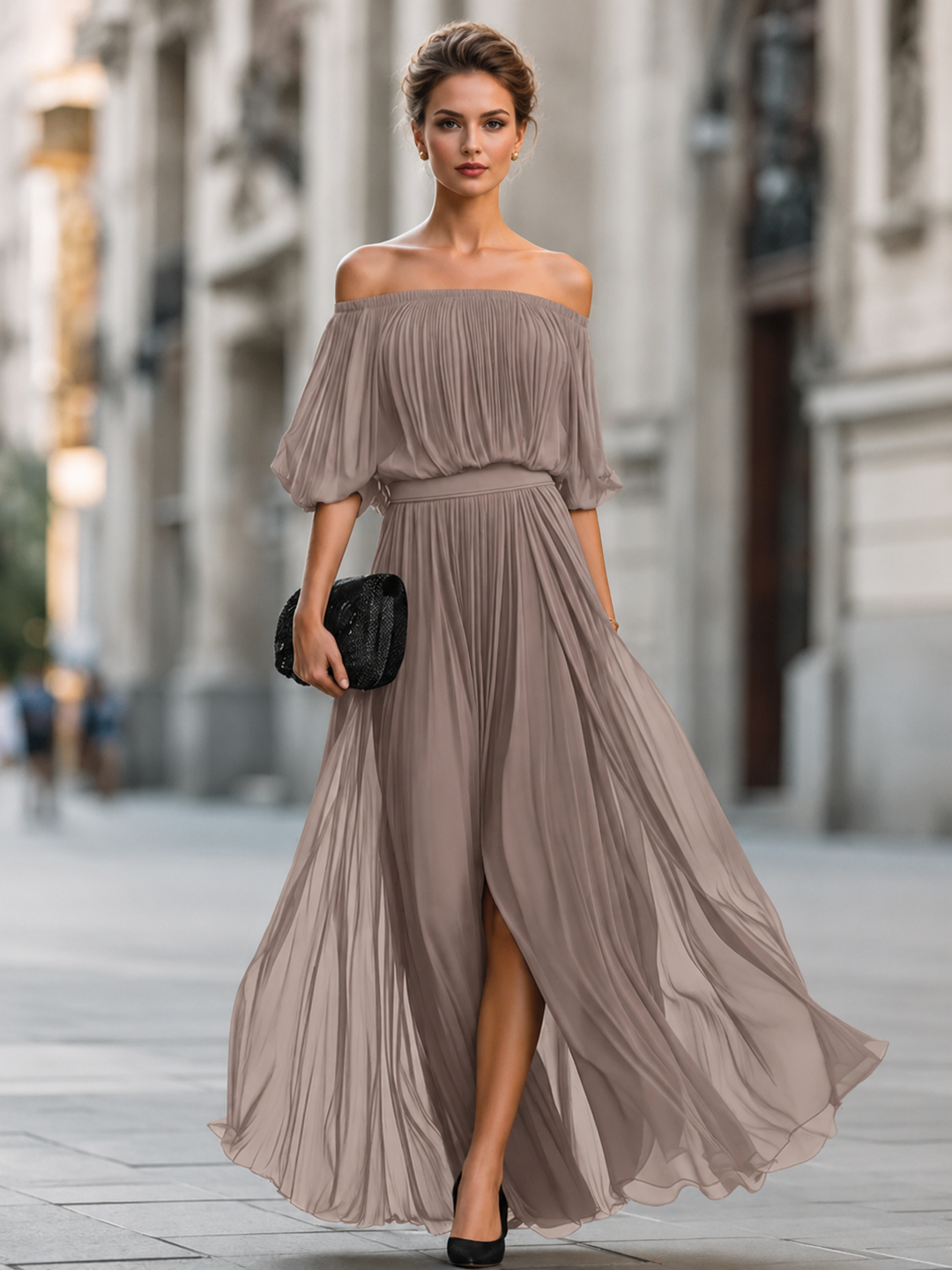 Rosalind off-shoulder high-waist chiffon maxi dress by Bennett and Lowe, flowing fabric, elegant design, suitable for formal occasions