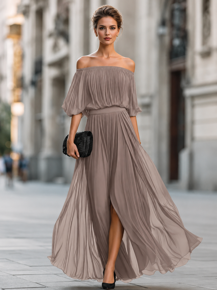 Elegant off-shoulder chiffon maxi dress for women by Bennett and Lowe, featuring a high-waist design and flowing fabric.