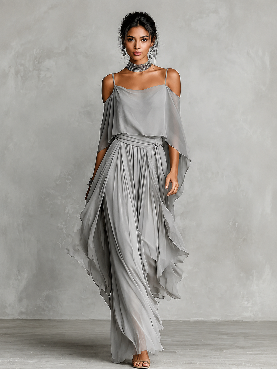 Grey chiffon camisole set by Bennett & Lowe, featuring a flowing maxi dress with elegant, lightweight fabric and delicate detailing.