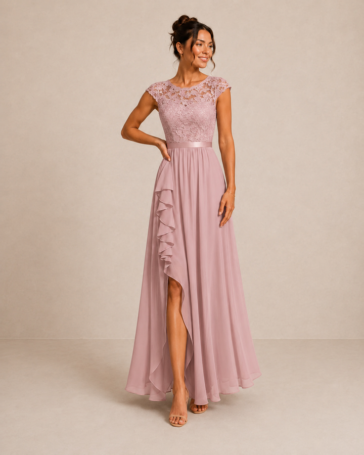 Rosalind lace bodice high-low maxi dress by Bennett and Lowe, featuring elegant lace details and flowing hem for formal occasions.