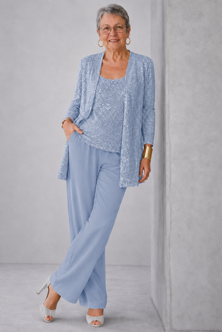 Elegant Luna layered three-piece pants set for women by Bennett and Lowe, featuring stylish coordinated tops and pants.