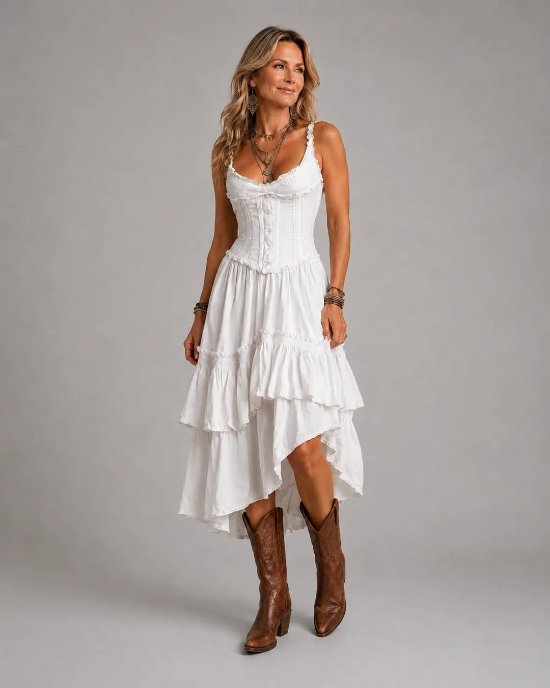 Olivia Newyork Marisol Corset Tiered Lace-Trim Midi Dress from Country Muse collection, featuring lace details and a flattering silhouette.