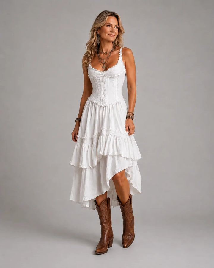 Olivia Newyork Marisol Corset Tiered Lace-Trim Midi Dress from Country Muse collection, featuring lace details and a flattering silhouette.