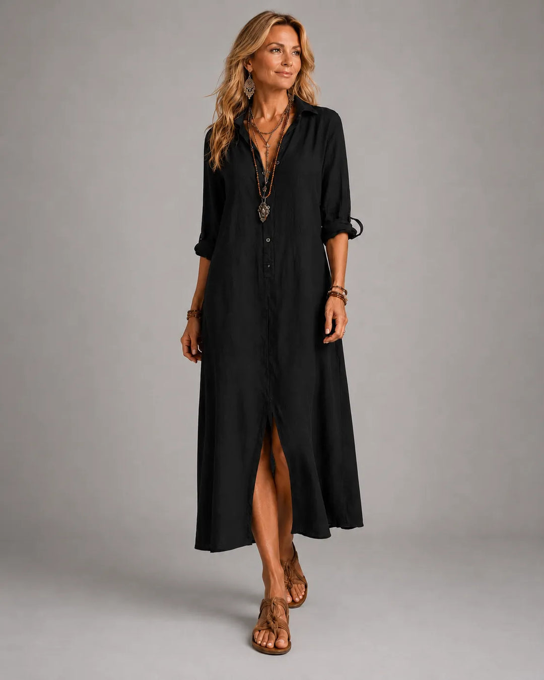 Olivia Newyork Naomi bohemian maxi dress with button-front design, flowing fabric, and country-inspired style.