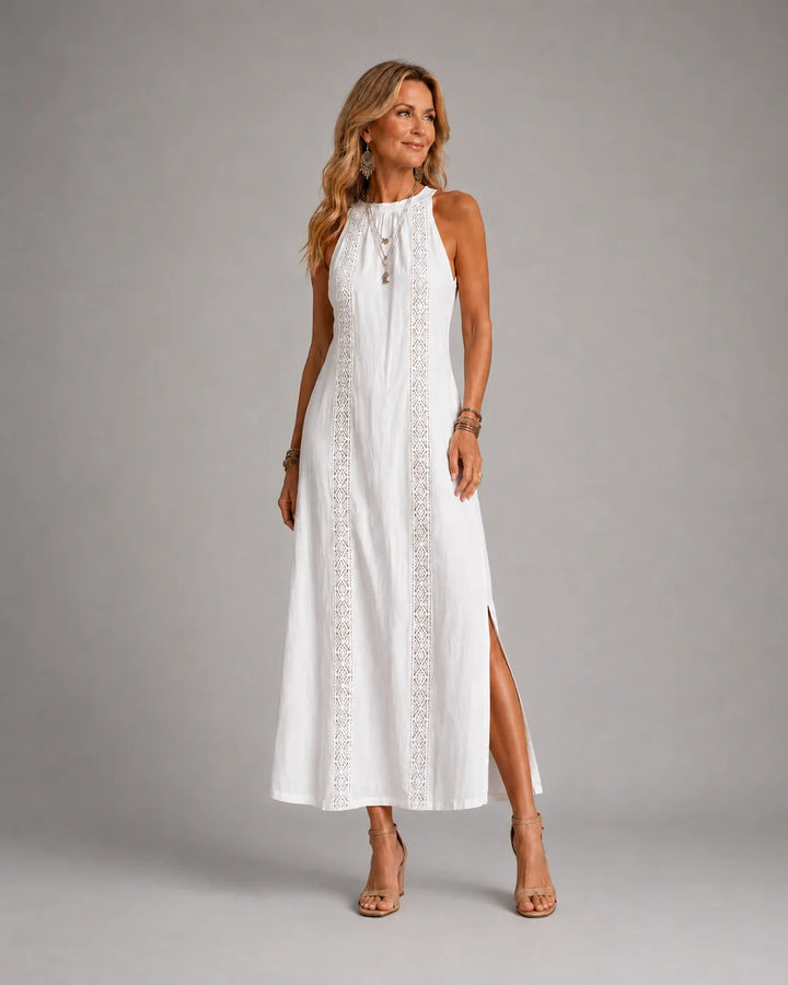 Olivia Newyork Country Muse Jimena relaxed midi dress with mandarin collar, soft fabric, and elegant silhouette.