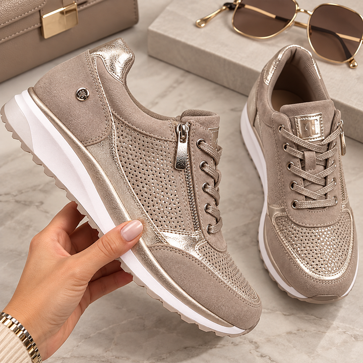 Bennett and Lowe Calliope side-zip sparkle lace-up sneaker with glitter accents