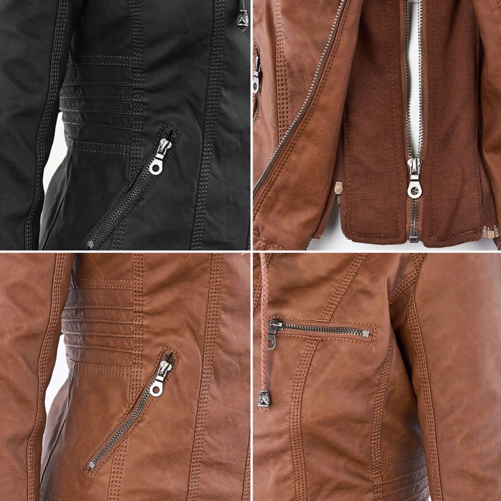 Close-up of Bennett and Lowe Callista hooded moto jacket for women, showing the black jacket with zipper details and hood.